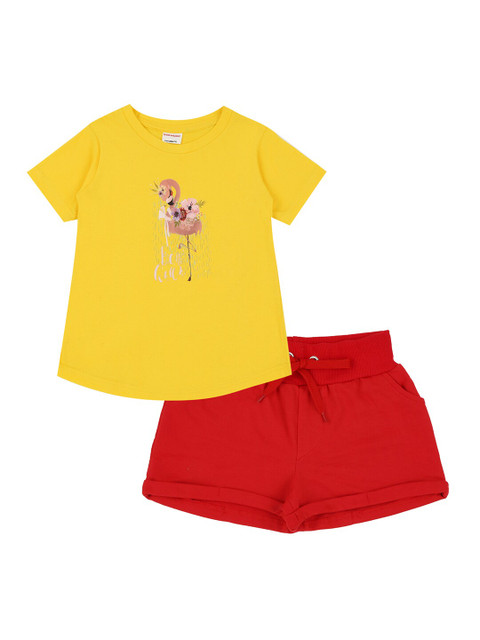 

RAINE AND JAINE Girls Yellow & Red Printed Cotton T-shirt with Shorts