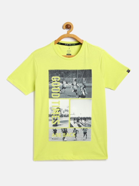 

Indian Terrain Boys Yellow Typography Printed Pure Cotton T-shirt