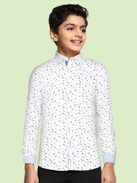 

Indian Terrain Boys White & Blue Leaf Printed Cotton Casual Shirt