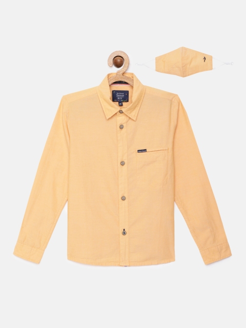 

Indian Terrain Boys Yellow Regular Fit Textured Pure Cotton Casual Shirt with Face Mask