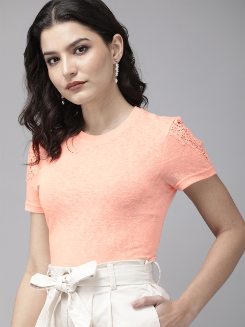 

ONLY Women Peach-Coloured Solid Lace Insert Round Neck T-shirt