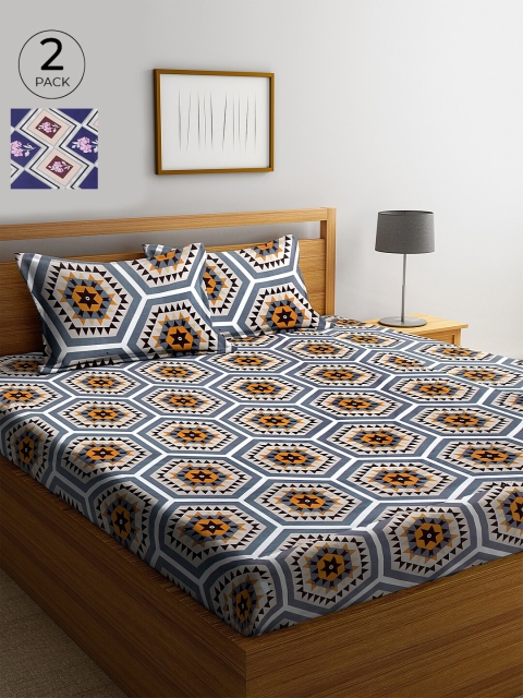 

KLOTTHE White & Blue Geometric 210 TC Cotton 2 King Bedsheet with 4 Pillow Covers