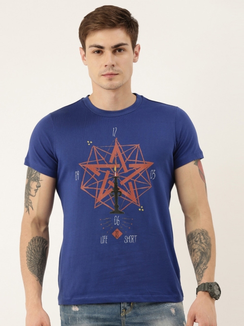 

QUANCIOUS Men Blue Printed Round Neck Organic Cotton T-shirt