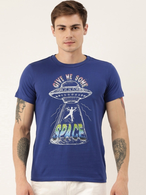 

QUANCIOUS Men Blue Printed Henley Neck T-shirt