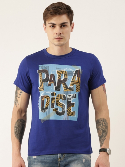 

QUANCIOUS Men Blue Striped Round Neck T-shirt
