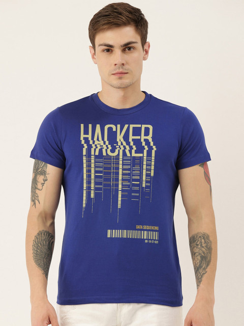 

QUANCIOUS Men Blue Printed Round Neck Organic Cotton Sustainable T-shirt