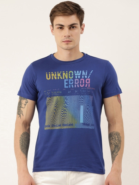 

QUANCIOUS Men Blue Printed Round Neck T-shirt
