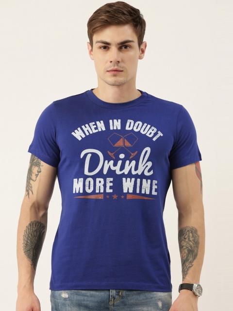 

QUANCIOUS Men Blue Printed Round Neck Organic Cotton T-shirt
