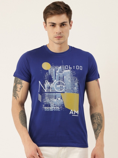 

QUANCIOUS Men Blue Printed Organic Cotton Round Neck Sustainable T-shirt