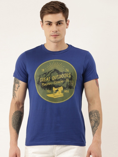 

QUANCIOUS Men Blue Printed Henley Neck T-shirt