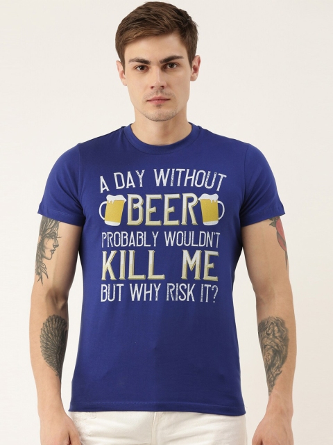 

QUANCIOUS Men Blue Printed Round Neck Organic Cotton T-shirt