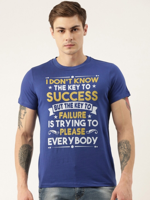 

QUANCIOUS Men Blue Printed Round Neck T-shirt