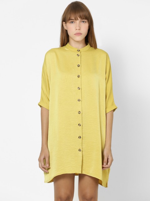 

ONLY Mustard Yellow Solid Mandarin Collar Shirt Dress