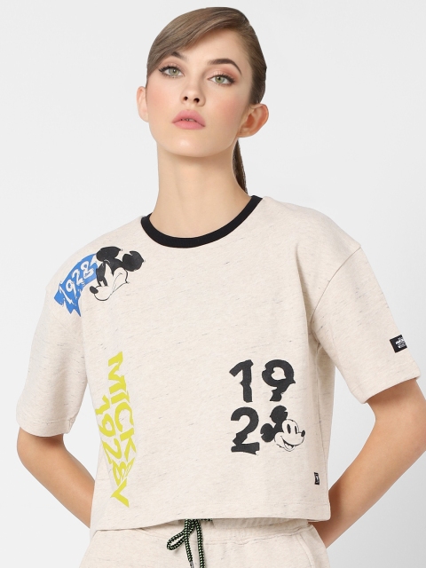 

ONLY Women Off White Mickey Mouse Printed Drop-Shoulder Sleeves T-shirt