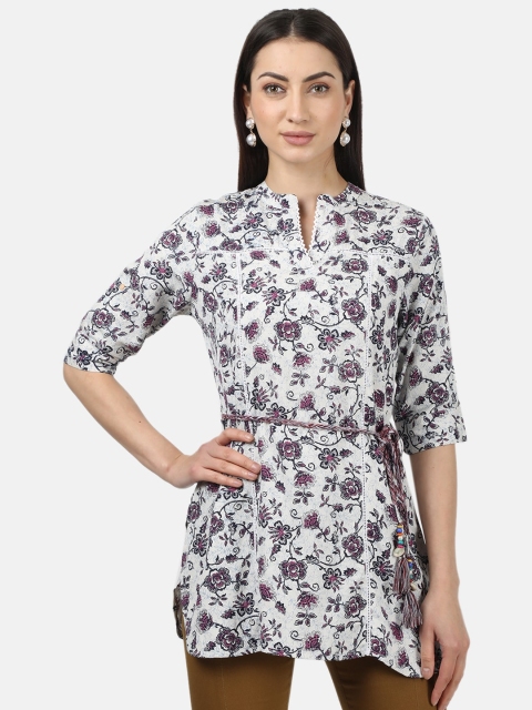 

Monte Carlo White Floral Printed Mandarin Collar Regular Longline Top