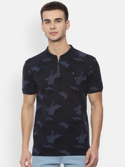 

Louis Philippe Jeans Men Navy Blue Printed Pure Cotton Polo Collar T-shirt