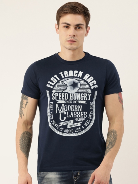 

QUANCIOUS Men Navy Blue Printed Round Neck Sustainable T-shirt