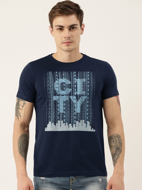 

QUANCIOUS Men Navy Blue Printed Round Neck Sustainable T-shirt