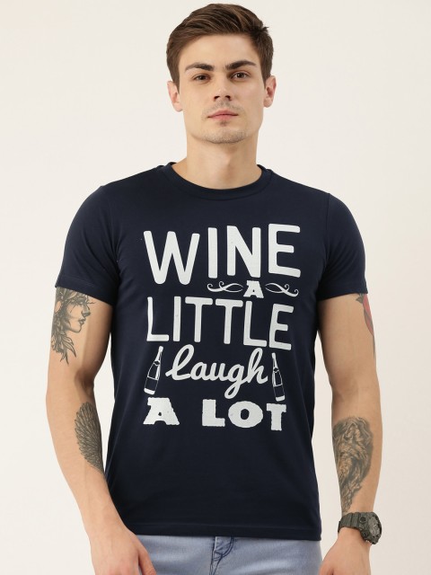 

QUANCIOUS Men Navy Blue Printed Organic Cotton Round Neck T-shirt