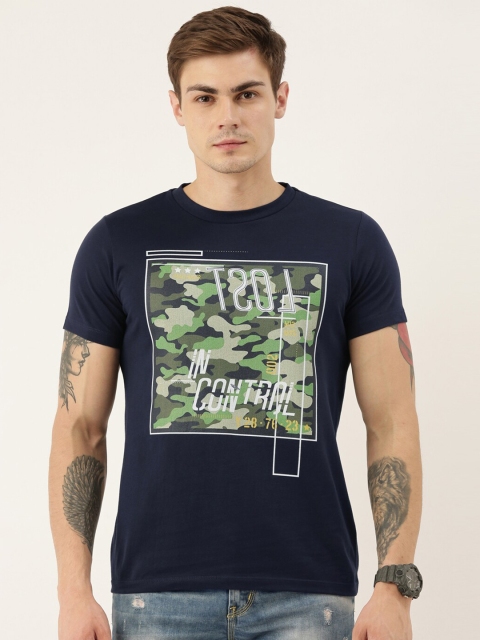 

QUANCIOUS Men Navy Blue Printed Round Neck Sustainable T-shirt
