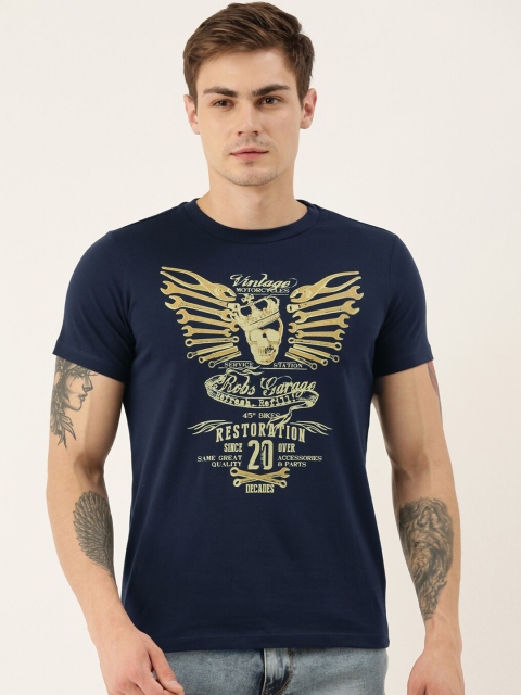 

QUANCIOUS Men Navy Blue & Beige Printed Organic Cotton Sustainable T-shirt