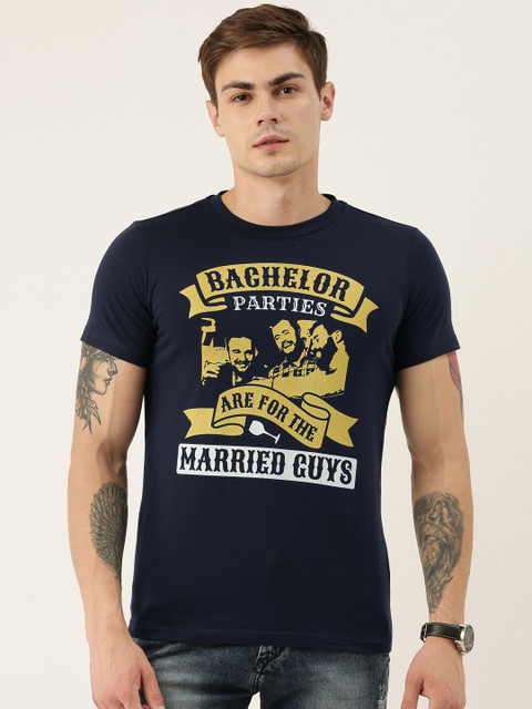 

QUANCIOUS Men Navy Blue Printed Organic Cotton Round Neck Sustainable T-shirt