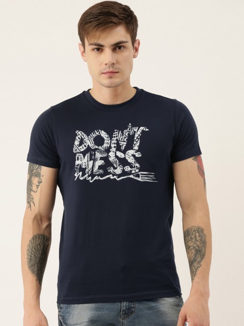 

QUANCIOUS Men Navy Blue Printed Round Neck Sustainable T-shirt