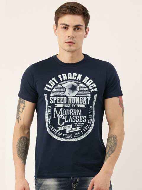 

QUANCIOUS Men Navy Blue Printed V-Neck Sustainable T-shirt