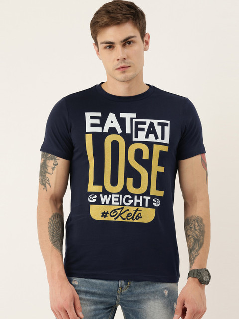 

QUANCIOUS Men Navy Blue Printed Round Neck Sustainable T-shirt