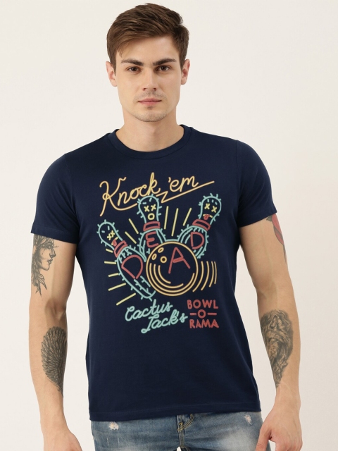 

QUANCIOUS Men Navy Blue Printed Round Neck Sustainable T-shirt