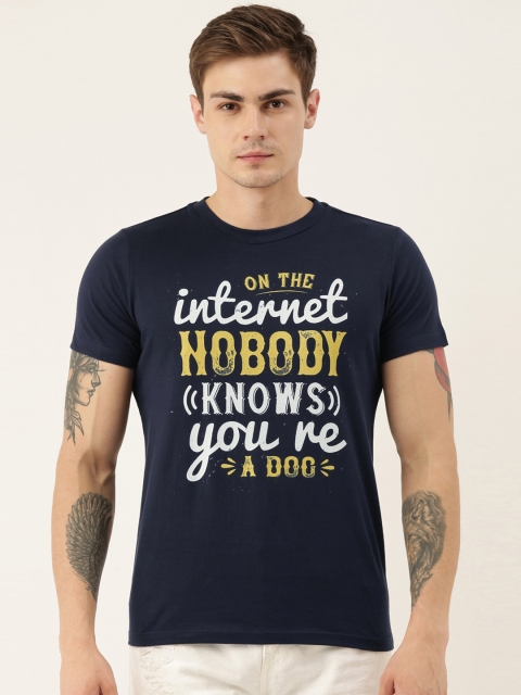 

QUANCIOUS Men Navy Blue & White Printed Round Neck Organic Cotton Sustainable T-shirt