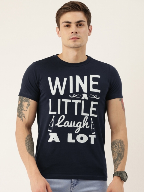 

QUANCIOUS Men Navy Blue Striped Round Neck Sustainable T-shirt