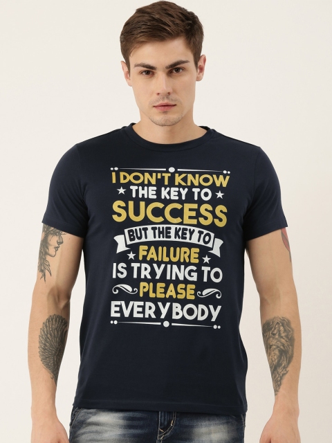 

QUANCIOUS Men Navy Blue Printed Round Neck T-shirt