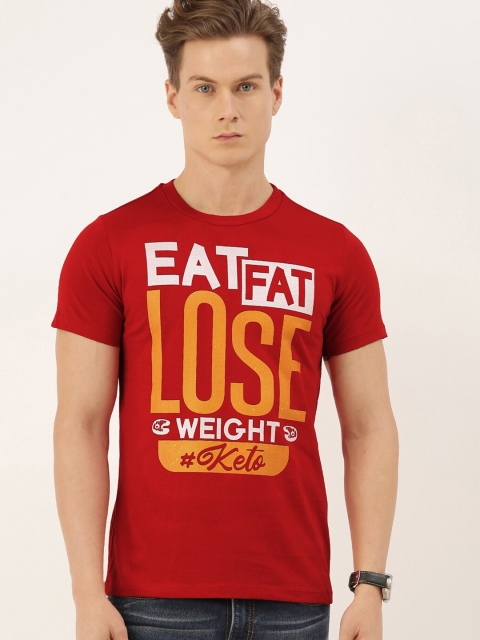 

QUANCIOUS Men Red Solid V-Neck T-shirt