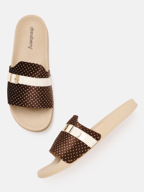 

DressBerry Women Coffee Brown & Beige Dot Print Flip Flops with Buckle Detail