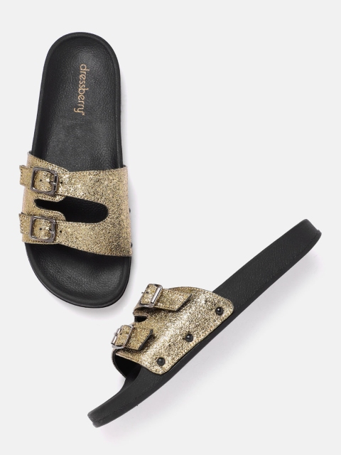 

DressBerry Women Gold-Toned Glitter Buckled Flip Flops