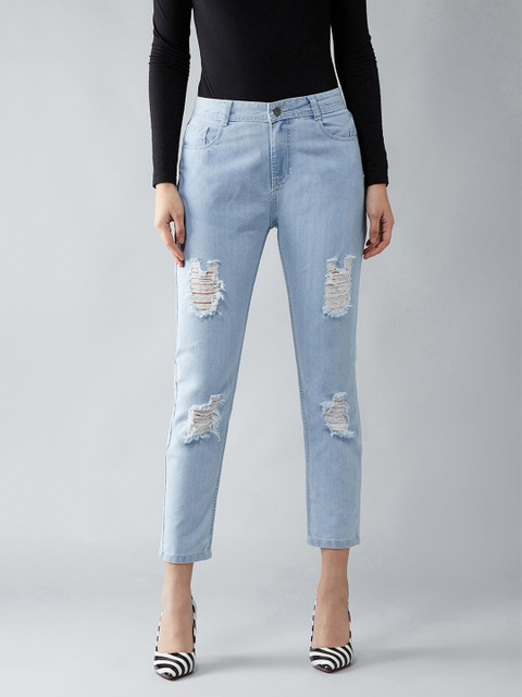 

DOLCE CRUDO Women Blue Boyfriend Fit Non Stretchable Ripped Jeans