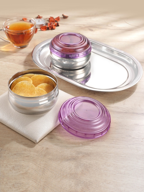 

Jensons Set Of 3 Silver-Toned & Purple Solid Stainless Steel Serving Bowls With Tray