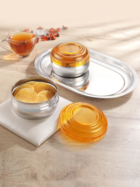 

Jensons Set Of 2 Silver-Toned & Orange Solid Stainless Steel Serving Bowls With Tray