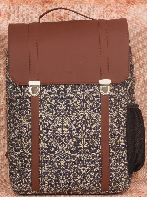 

ZOUK Unisex Navy Blue & Brown Graphic Contrast Sustainable Vegan Leather Backpacks