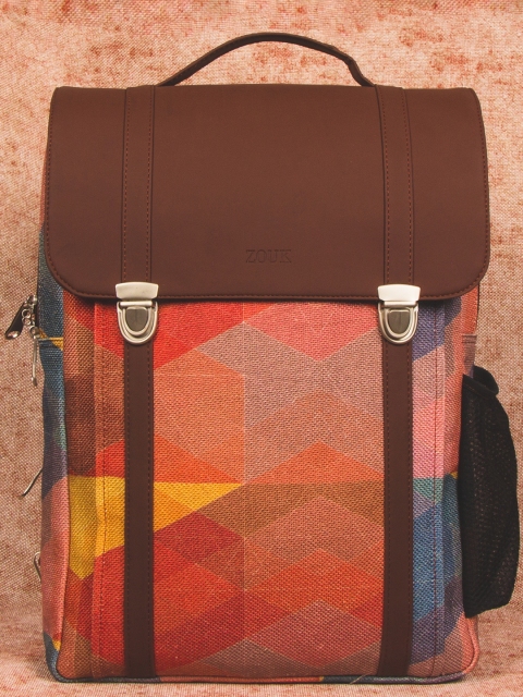 

ZOUK Unisex Brown & Pink Geometric Applique Sustainable Vegan Leather Backpacks