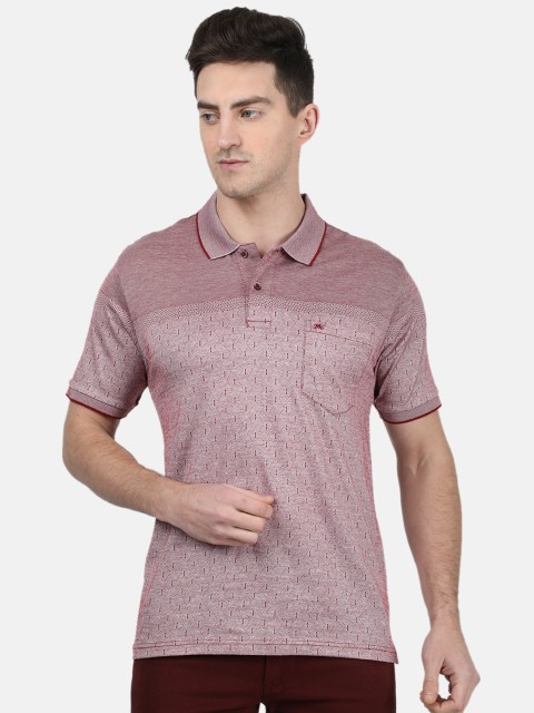 

Monte Carlo Men Maroon & Off-White Self Design Polo Collar Cotton Blend T-shirt