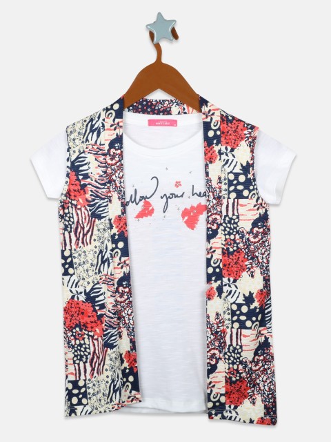 

Monte Carlo Girls White & Navy Blue Printed Layered Tropical Regular Top