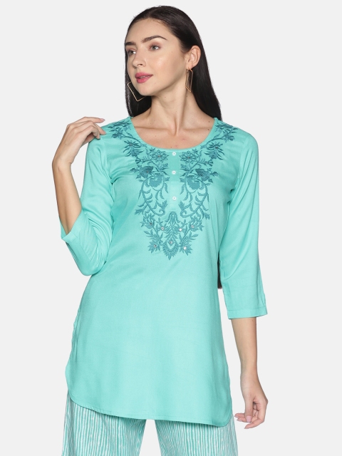 

Saffron Threads Women Turquoise Blue Embroidered Tunic