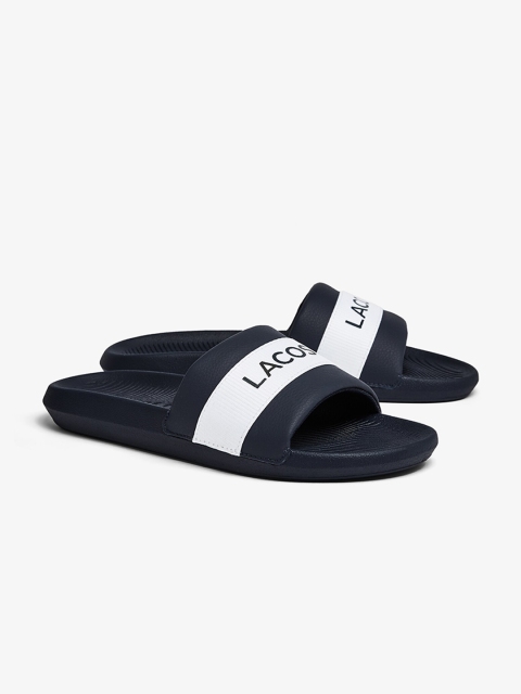 

Lacoste Men White & Navy Blue Striped Sliders
