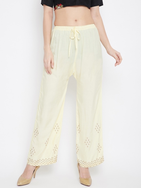 

Clora Creation Women Cream-Coloured & Gold-Toned Hem Design Straight Palazzos