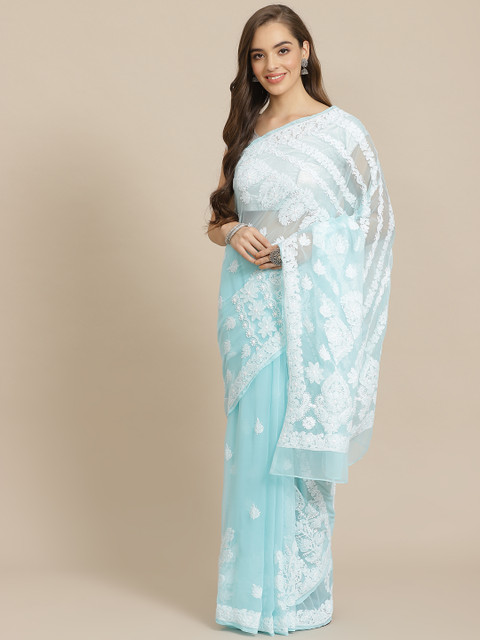 

ADA Women Blue & White Poly Georgette Chikankari Embroidered Saree