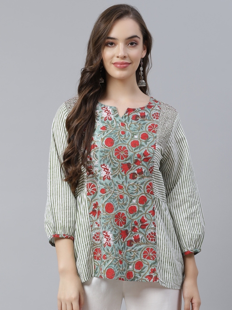 

Vasudha Green & Red Floral Pure Cotton Top