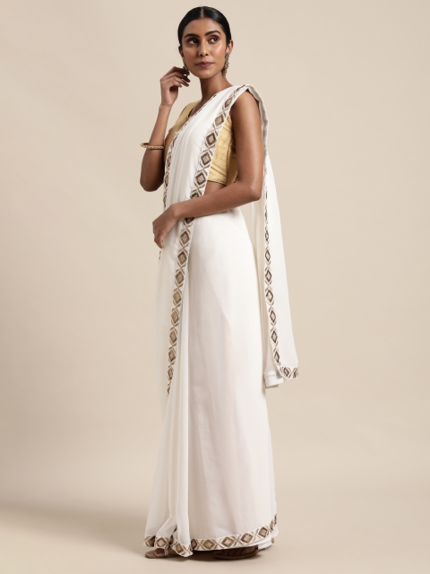 

VASTRANAND Off White Solid Sequinned Detail Saree