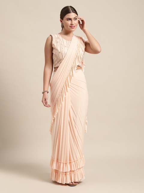 

VASTRANAND Peach Ruffled Ready To Wear Saree with Embellished Blouse